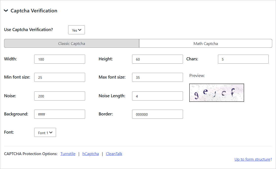 Screenshot of the Classic Captcha settings panel with input fields for Width, Height, Chars, Min font size, Max font size, a live Preview image, Noise, Noise Length, Background color, Border color, and a Font dropdown menu.