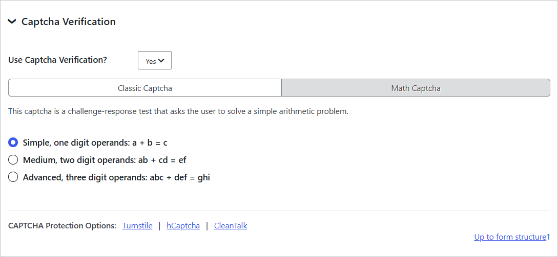 Screenshot of the Math Captcha settings panel showing radio buttons for complexity: Simple (one-digit operands), Medium (two-digit operands), and Advanced (three-digit operands).