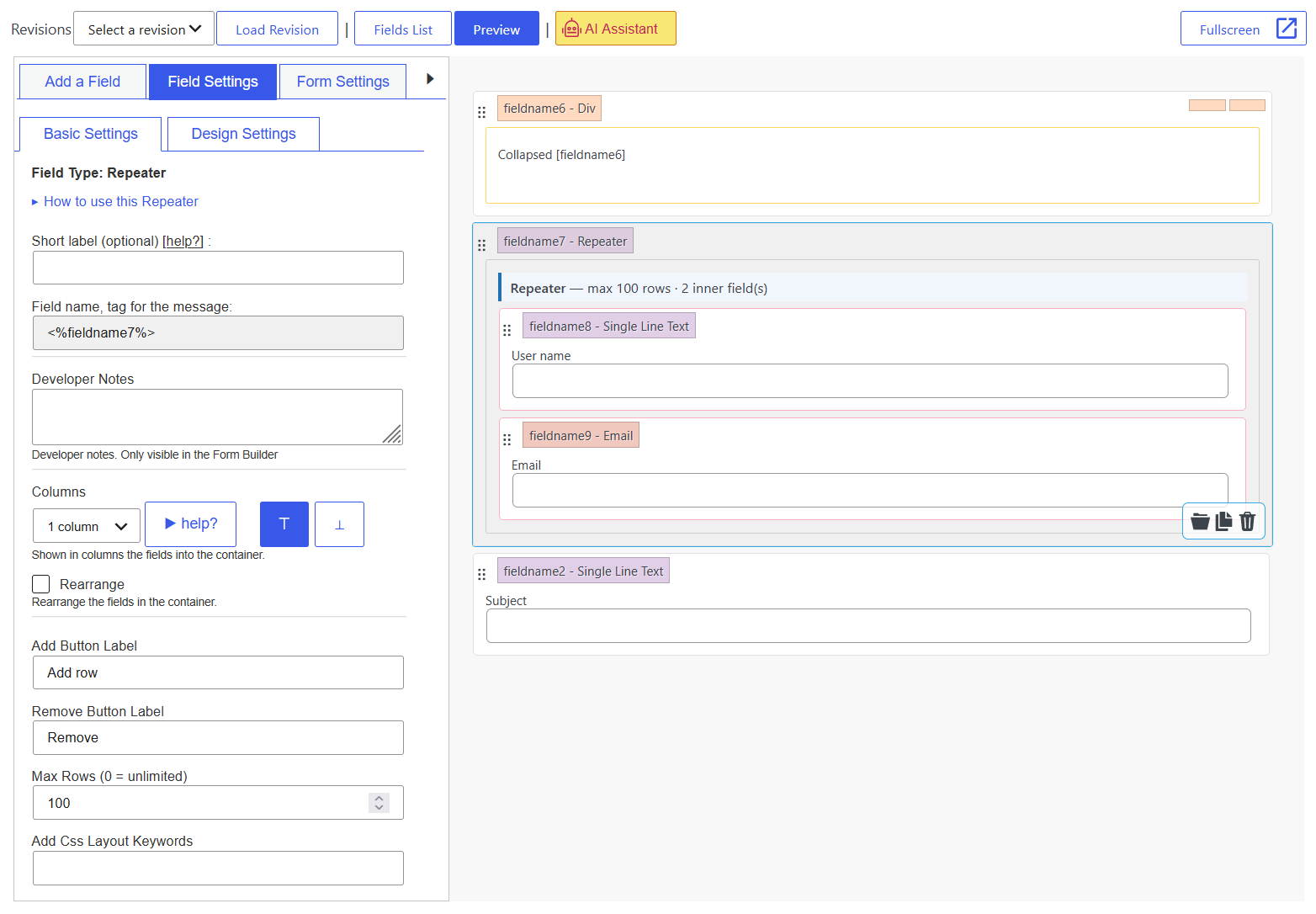 Repeater Field in the form builder